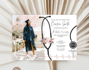 May include: A rectangular graduation announcement card featuring a photo of a graduate in a dark blue gown on the left and a white background on the right. A black stethoscope outline, pink floral accents, and a medical caduceus symbol are present.