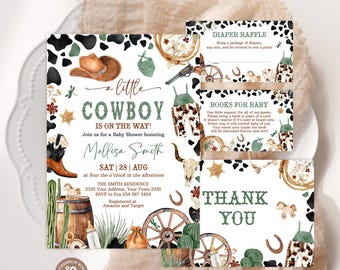 Editable Cowboy Baby Shower Invitation Set. A Little Cowboy Baby Shower Invite Pack. Green Wild West Western Boy Outdoors Rodeo Country.