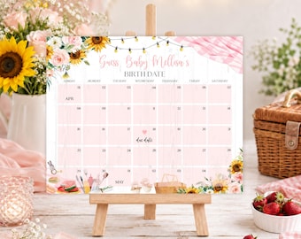 Editable Pink Baby-Q Shower Due Date Calendar Game (Digital), Guess Baby's Birthday, Birthday Prediction