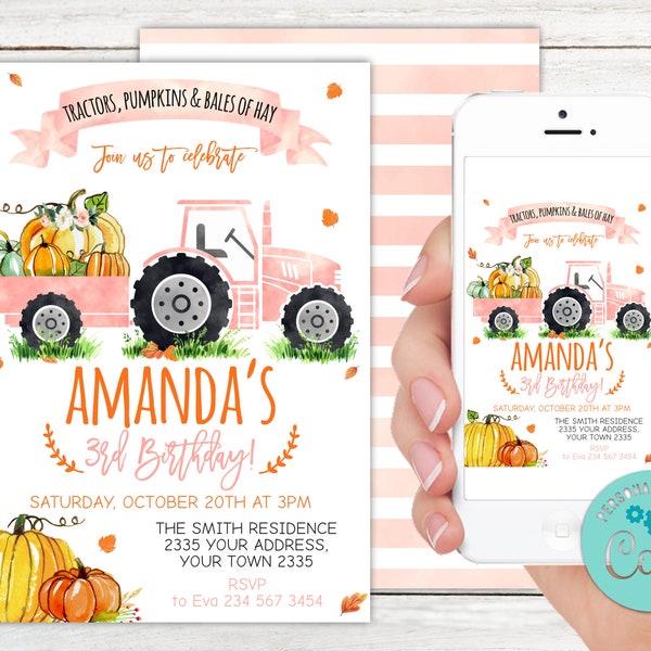 Editable Tractors, Pumpkins, Bales of Hay Birthday Invitation. Pink Tractor Truck Birthday Invite. Fall Birthday Invite. Pumpkin Party.