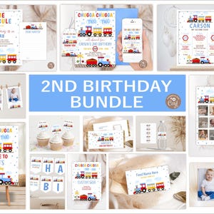 Könnte beinhalten: Ein druckbares 2. Geburtstags-Party-Paket mit einem Zug-Thema. Das Paket beinhaltet ein Willkommens-Schild, eine Zeitkapsel, einen Fotobooth-Hintergrund, Cupcake-Topper, Banner, Lebensmitteletiketten und mehr. Die Farben sind blau, rot, gelb und weiß.