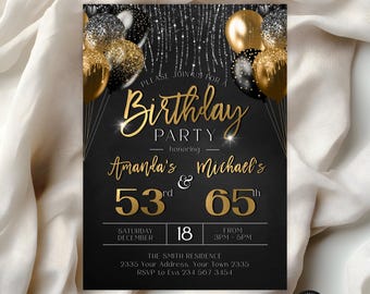 Editable Twin Birthday Party Invitation, Gold Balloons Milestone Invite