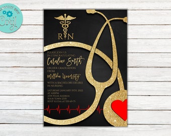 Editable Nursing Graduation Invitation. Registered Nurse Invitation. RN invitation. Licensed Vocational Nurse. Gold & Red Invitation.