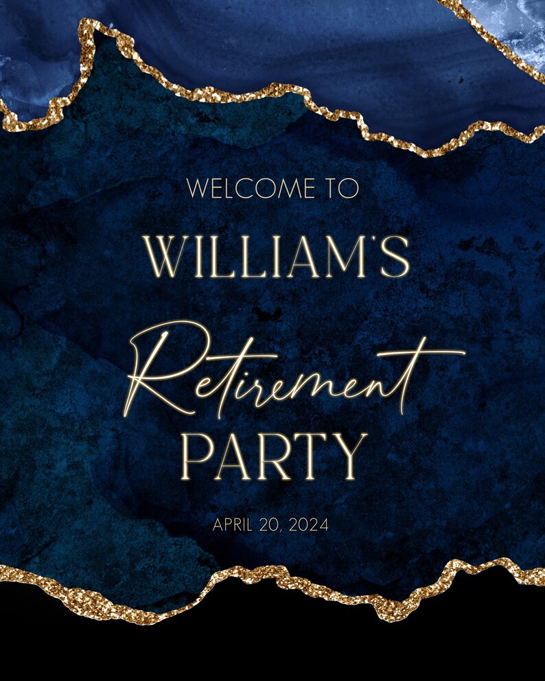 Editable Agate Retirement Party Welcome Sign. Blue Agate and Gold ...