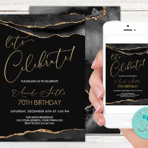 Editable 70th Birthday Invitation. Surprise Birthday Party. Adult Mens Womans. Black and Gold Birthday Invitation. Let's Celebrate! Any Age.