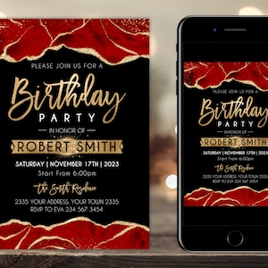 Editable Birthday Party Invitation. Agate Birthday Party Invite. Adult Mens Womans Birthday Party. Red Agate and Gold Birthday Invite.