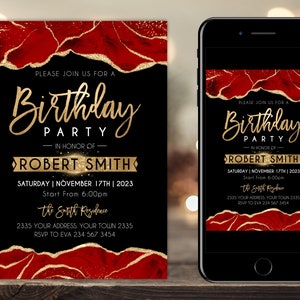 Editable Birthday Party Invitation. Agate Birthday Party Invite. Adult Mens Womans Birthday Party. Red Agate and Gold Birthday Invite.