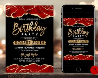 Editable Birthday Party Invitation. Agate Birthday Party Invite. Adult Mens Womans Birthday Party. Red Agate and Gold Birthday Invite.