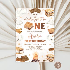 Editable Smore Fun to be One Birthday Invitation. First Birthday Invite. Backyard Camping with Friends Bonfire Party. Fall Outdoor Campfire.