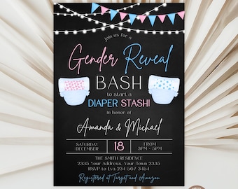 Editable Gender Reveal Diaper Invitation Template, Girl or Boy Gender Reveal Bash Diaper Stash Invite