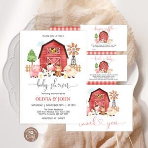 May include: A baby shower invitation set featuring a red barn, windmill, and farm animals including a pig, cow, horse, and sheep. The text reads PLEASE JOIN US FOR A baby shower honoring the mom-to-be OLIVIA & JOHN, plus raffle and book cards.