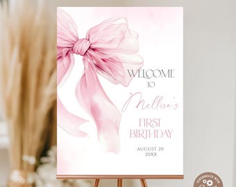 Editable Girls Just Wanna Be ONE Birthday Party Welcome Sign. Soft Pastel Pink Bow 1st Birthday Poster. Watercolor Dusty Pink Ribbon Sign.