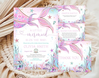 Mermaid Baby Shower Invitation Set, Pink Purple Gold (Editable Digital). Little Mermaid Under The Sea.