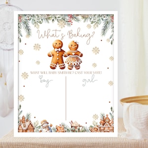 Letrero editable para votación de revelación de género de What&#39;s Baking. Adivina el género con pan de jengibre. Juegos de invierno para niños o niñas. Él o ella. Revelación festiva.