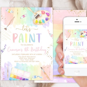 Editable Let’s Paint and Celebrate Invitation. Painting Party Birthday Invite. Pastel Rainbow Watercolor. Art Party Birthday. Teen. Any age.