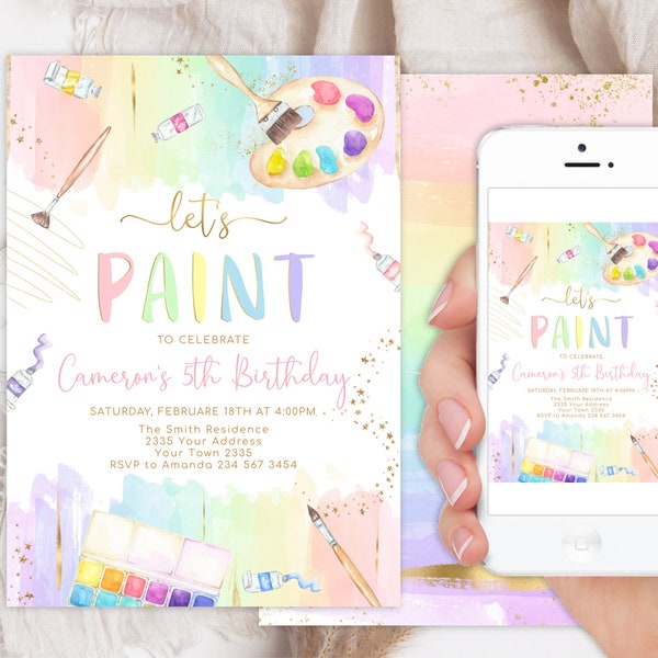 Editable Let’s Paint and Celebrate Invitation. Painting Party Birthday Invite. Pastel Rainbow Watercolor. Art Party Birthday. Teen. Any age.