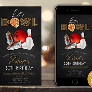 Editable Bowling Party Invitation. Let&#39;s Bowl. Gold Glitter and Chalkboard. Any age. Adult Mens Womans bowling invitation. Pizza Party.