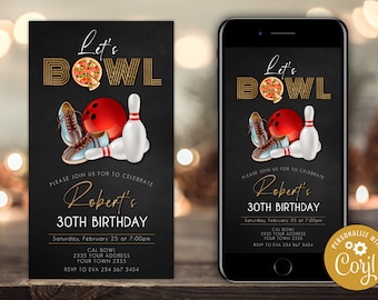 Editable Bowling Party Invitation. Let's Bowl. Gold Glitter and Chalkboard. Any age. Adult Mens Womans bowling invitation. Pizza Party.