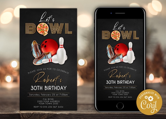 Editable Bowling Party Invitation. Let's Bowl. Gold Glitter and Chalkboard. Any age. Adult Mens Womans bowling invitation. Pizza Party.