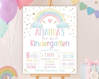 Editable First Day of Kindergarten Sign (Digital), Pastel Rainbow School Milestone Board