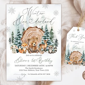 Invito di compleanno modificabile Winter ONEderland. Invito per il primo compleanno invernale. Compleanno neutro di genere degli alberi di pino del fiocco di neve di Silwer del paese delle meraviglie