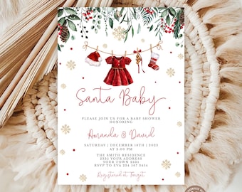 Editable Christmas Baby Shower Invitation (Digital), Winter Holiday Girl Invite, Santa Clothes, Girl Laundry