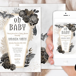 Editable Halloween Baby Shower Invitation. Gothic Floral Baby Shower  Invite. Oh Baby Invite. Сoffin Vampire Bat Baby Sprinkle. Black Roses.