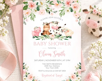 Bewerkbare uitnodigingsset voor een babyshower met boerderijdieren (digitale download), roze bloemenprint, boerderijthema
