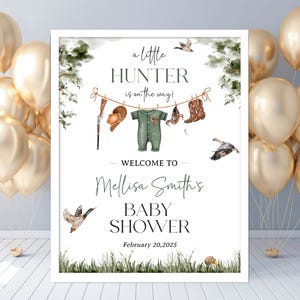 Panneau de bienvenue modifiable pour baby shower, chasse au canard. Panneau de bienvenue Un petit chasseur est sur le chemin. Signe rustique de canard colvert de vêtements pour garçon.