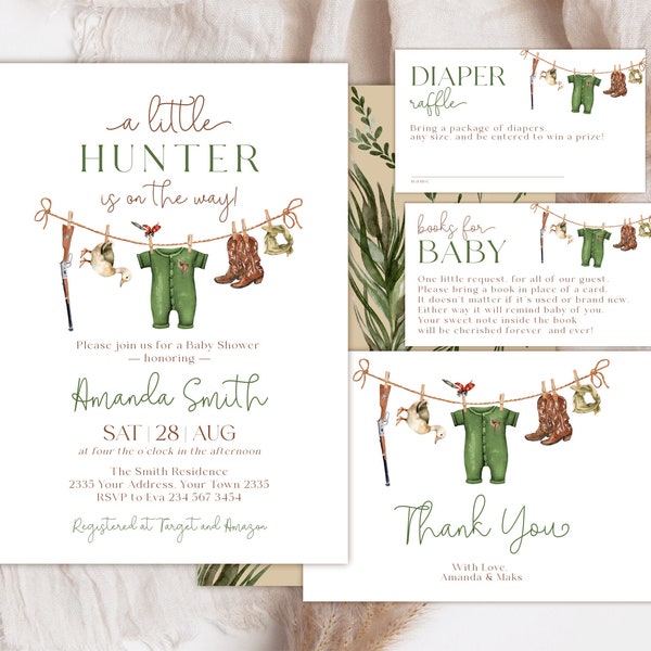 Editable Duck Hunting Baby Shower Invitation Set. A Little Hunter Is On The Way Baby Shower Invite. Rustic Outdoors Boy Clothes Mallard Duck