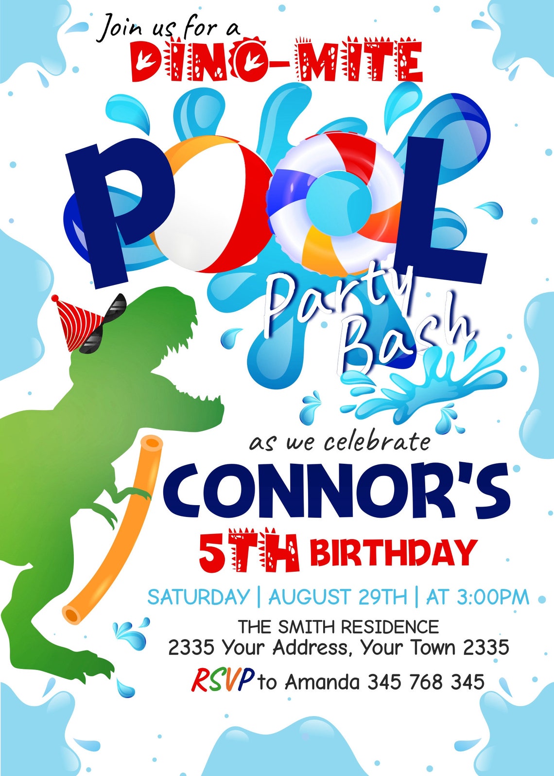 Editable Dinosaur Pool Party Invitation. Dinosaur Birthday Etsy