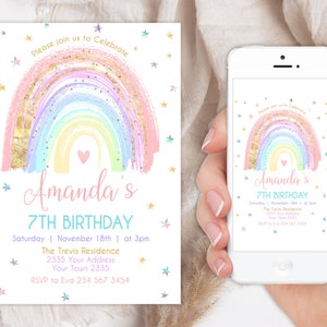 Editable Rainbow Birthday Invitation. Rainbow Invite. Colorful Rainbow Girl's Party Invite. Rainbow of Fun. Pastel Colors & Gold. Any age.