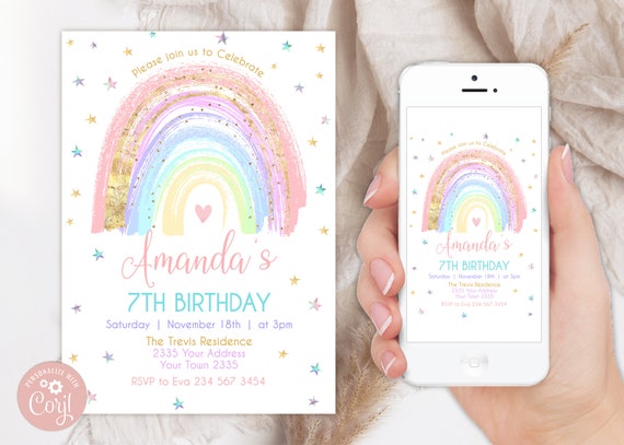 Editable Rainbow Birthday Invitation. Rainbow Invite. Colorful Rainbow Girl's Party Invite. Rainbow of Fun. Pastel Colors & Gold. Any age.