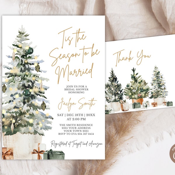 Editable Christmas Bridal Shower Invitation Set.  Winter Bridal Shower Invite. Christmas Tree Bridal Shower. Tis the Season to Be Married.