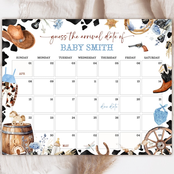 Editable A Little Cowboy Baby Shower Due Date Calendar Game.  Guess Baby's Birthday. Birthday Prediction Baby Shower Games. Wild West Boy.