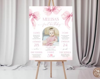 Editable Pink Bow Milestone Birthday Poster With Photo. Soft Pastel Pink Bow 1st Birthday Milestone Sign. Dusty Pink Ribbon 1st Birthday.
