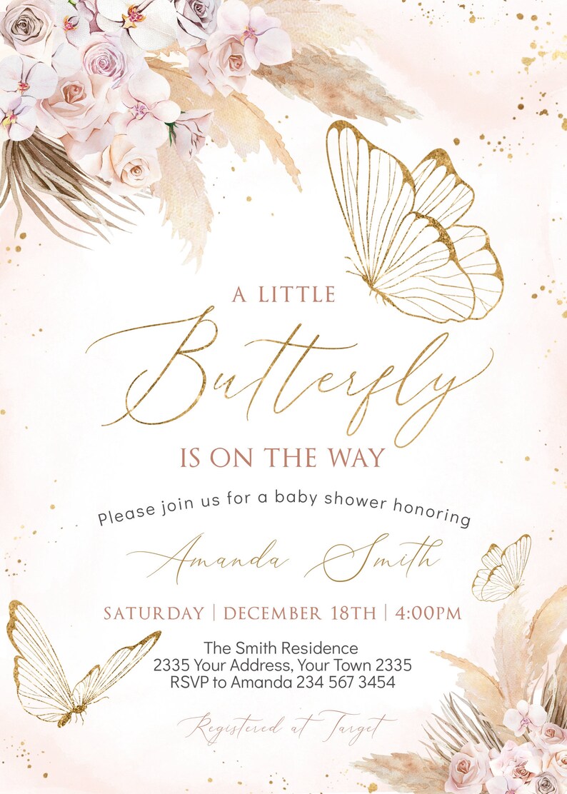 Editable Butterfly Baby Shower Invitation. Boho Blush Mauve Pink Gold ...