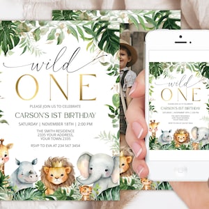 Editable Safari Birthday Invitation. Wild One Birthday Evite with Photo. Safari 1st Birthday Electronic Invite. Jungle Birthday. 1st First.
