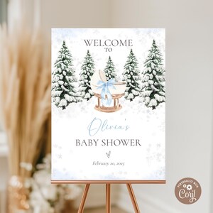 Editable Winter Blue Bow Cradle Baby Shower Welcome Sign. Baby It's Cold Outside Sign. Spruces Baby Shower Welcome Sign. Boy Blue Bow Crib.