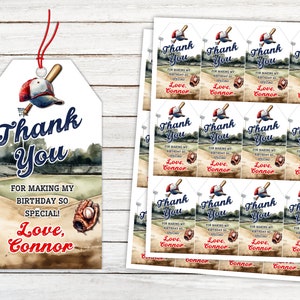 Tag di ringraziamento modificabili per il compleanno di baseball. Tag festa a tema baseball. Compleanno del ragazzo esordiente dell'anno. Invito di compleanno in stile baseball vintage