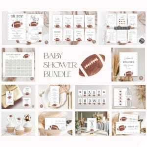 Może przedstawiać: Zestaw papeterii na baby shower z motywem futbolu amerykańskiego. Zawiera zaproszenia, kartki z podziękowaniami, dekoracje na babeczki i elementy stołu. Paleta kolorów jest neutralna z brązowymi i białymi akcentami.