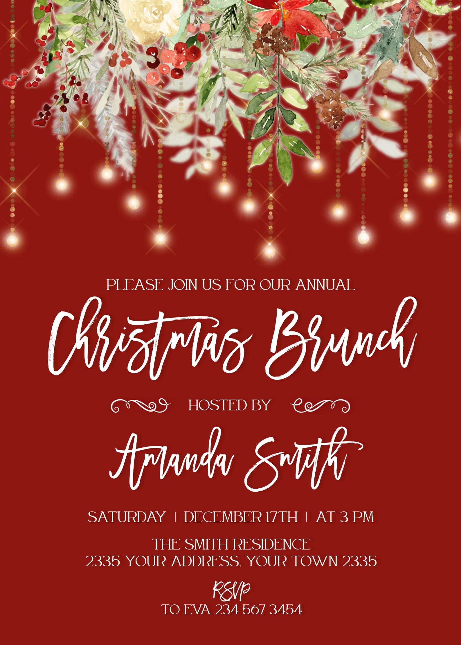 Editable Christmas Brunch Invitation. Winter Greenery Etsy