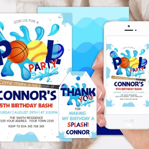Editable Summer Pool Softball Birthday Invitation. Basketball Pool Birthday Party. Pool Party Birthday. Boy Sports Birthday Invite. Any age.