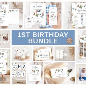 May include: A printable 1st birthday party bundle with a fishing theme. The bundle includes a variety of items, such as invitations, a welcome sign, cupcake toppers, a photo collage, and more. The design features a blue and white color scheme with illustrations of fishing gear, fish, and a boat.