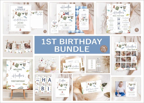 Editable Fishing First Birthday Party Invitation Bundle. Fishing 1st Birthday Party Kit. O-Fish-Ally One Boy 1st Birthday Gone Fishing Party