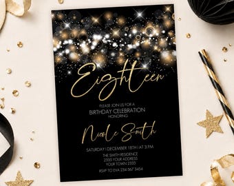 May include: A black birthday invitation card featuring gold cursive text that reads Eighteen and Nicole Smith. The design includes a top border of sparkling gold and white bokeh lights. Additional text provides event details for a celebration.