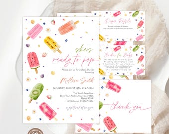 Popsicle Baby Shower Invitation Set, Watercolor Summer Theme (Editable), Ready to Pop