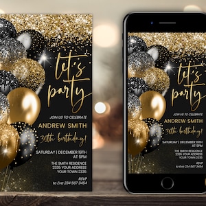 Bearbeitbar Let's Party Digitale Einladungen. Schwarz Gold Ballons Einladung zur Geburtstagsparty. Beweglich Text Evite. Bearbeitbare Vorlage. Jedes Alter.