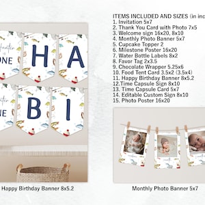 May include: A set of printable party decorations for a first birthday with a fishing theme. The decorations include a banner with the words "Hunter is One", a welcome sign, a photo banner, cupcake toppers, and more. The decorations are in a blue, white, and red color scheme with a watercolor fish design.