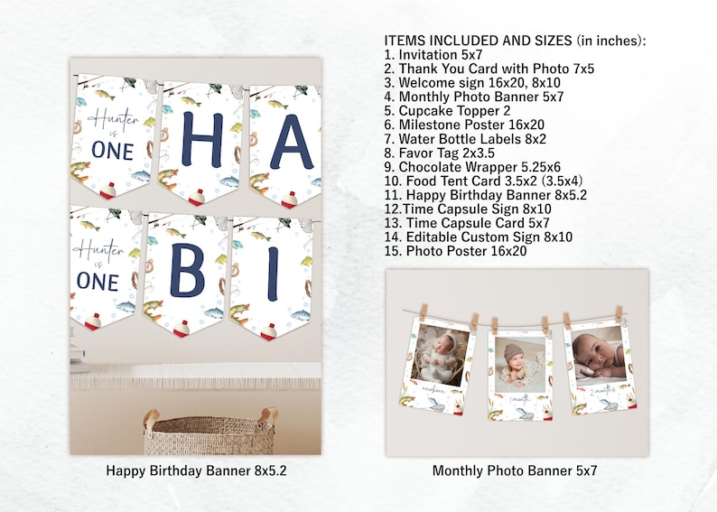 May include: A set of printable party decorations for a first birthday with a fishing theme. The decorations include a banner with the words "Hunter is One", a welcome sign, a photo banner, cupcake toppers, and more. The decorations are in a blue, white, and red color scheme with a watercolor fish design.